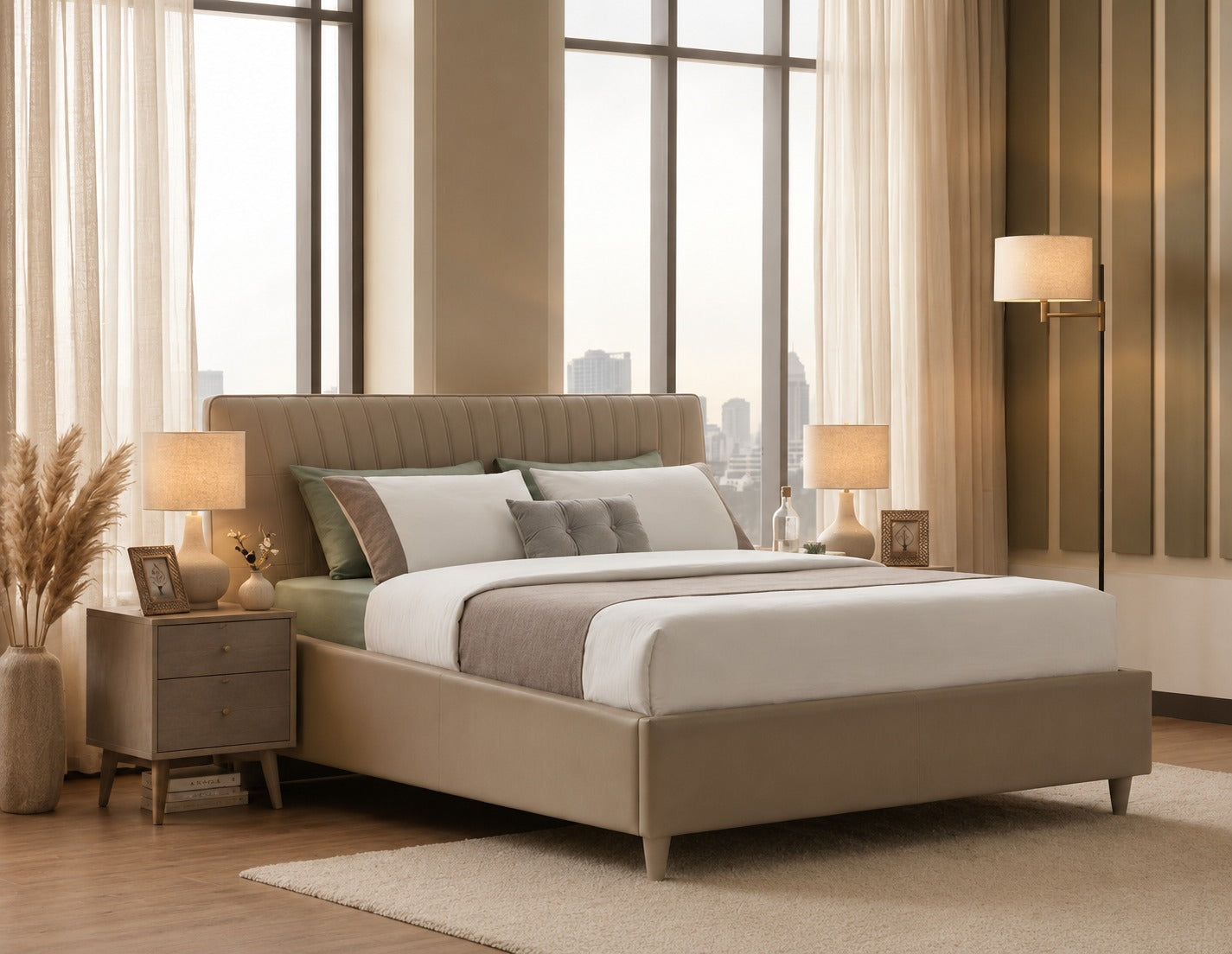 Modern bedroom with a bed, nightstands, and lamps in a well-lit room.