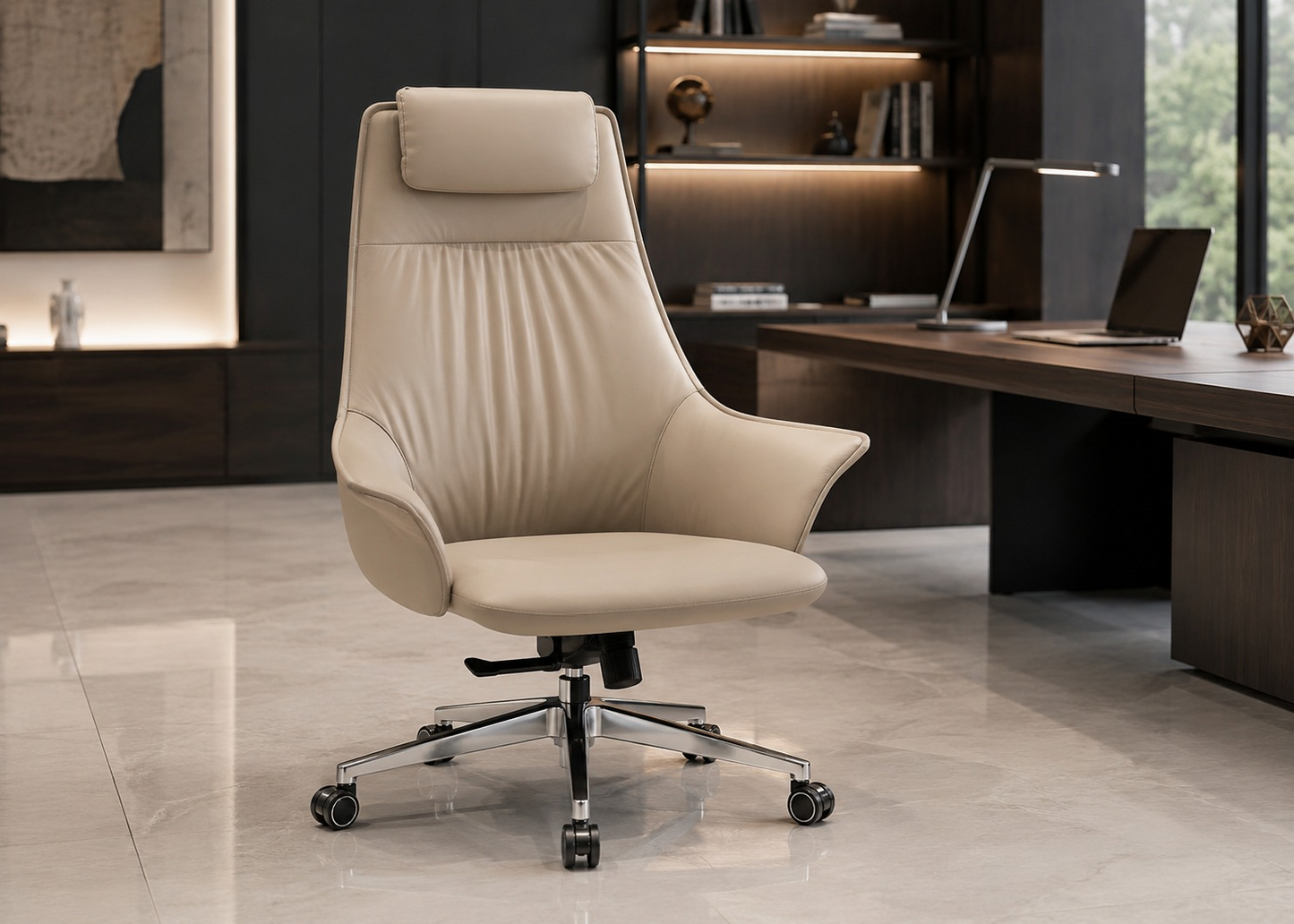 A modern beige leather office chair with a high backrest, padded headrest, and chrome five-star wheeled base, shown in a contemporary home office setting.