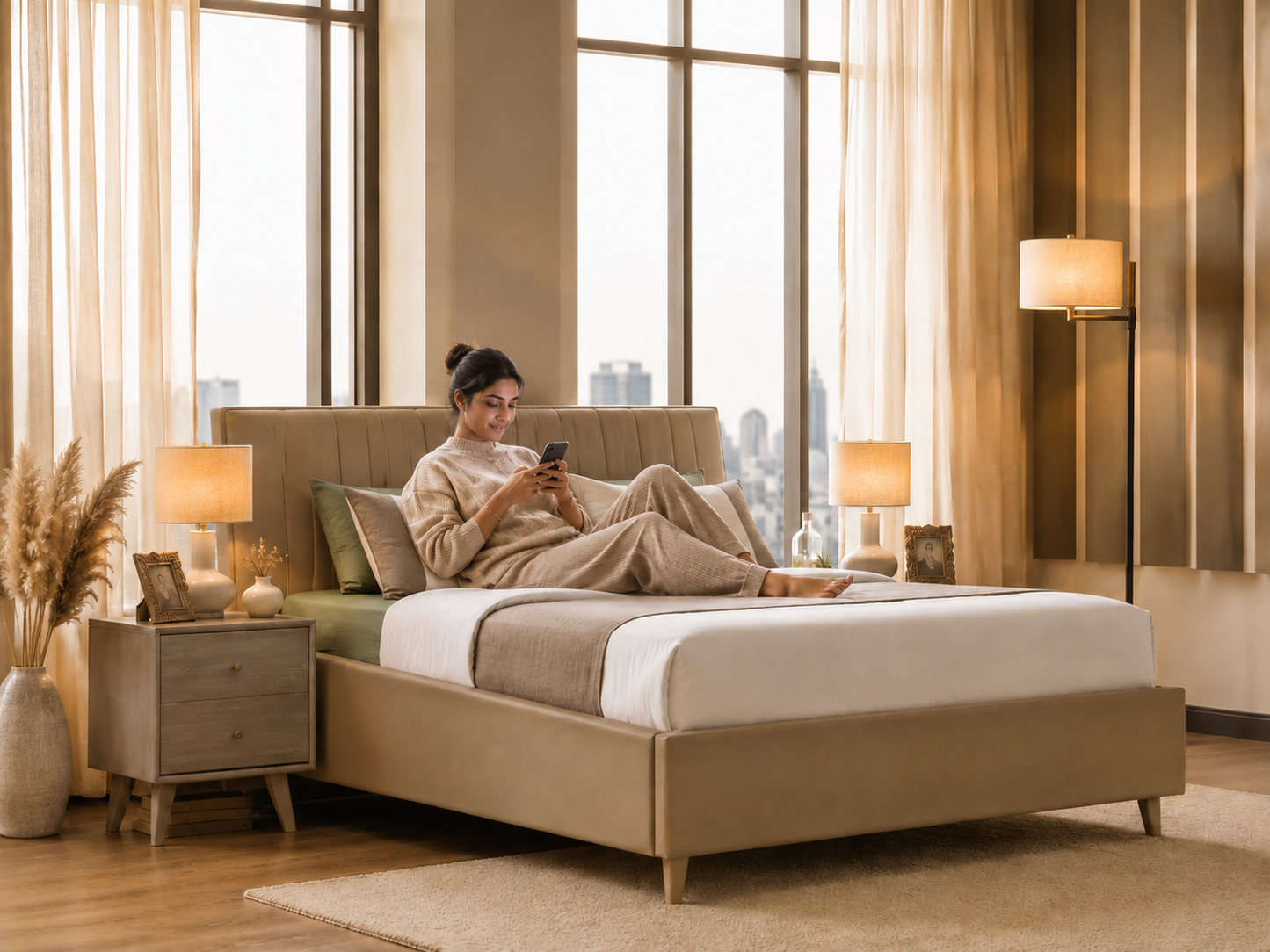 Woman sitting on a bed in a stylish bedroom with large windows and modern decor.