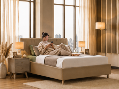 Woman sitting on a bed in a stylish bedroom with large windows and modern decor.