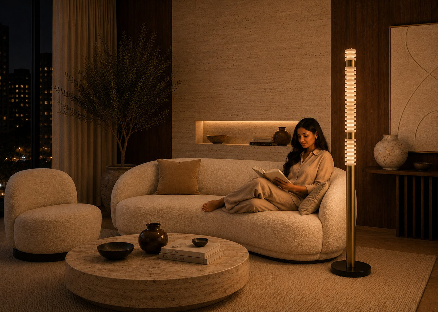 Woman reading a book on a couch in a dimly lit living room.