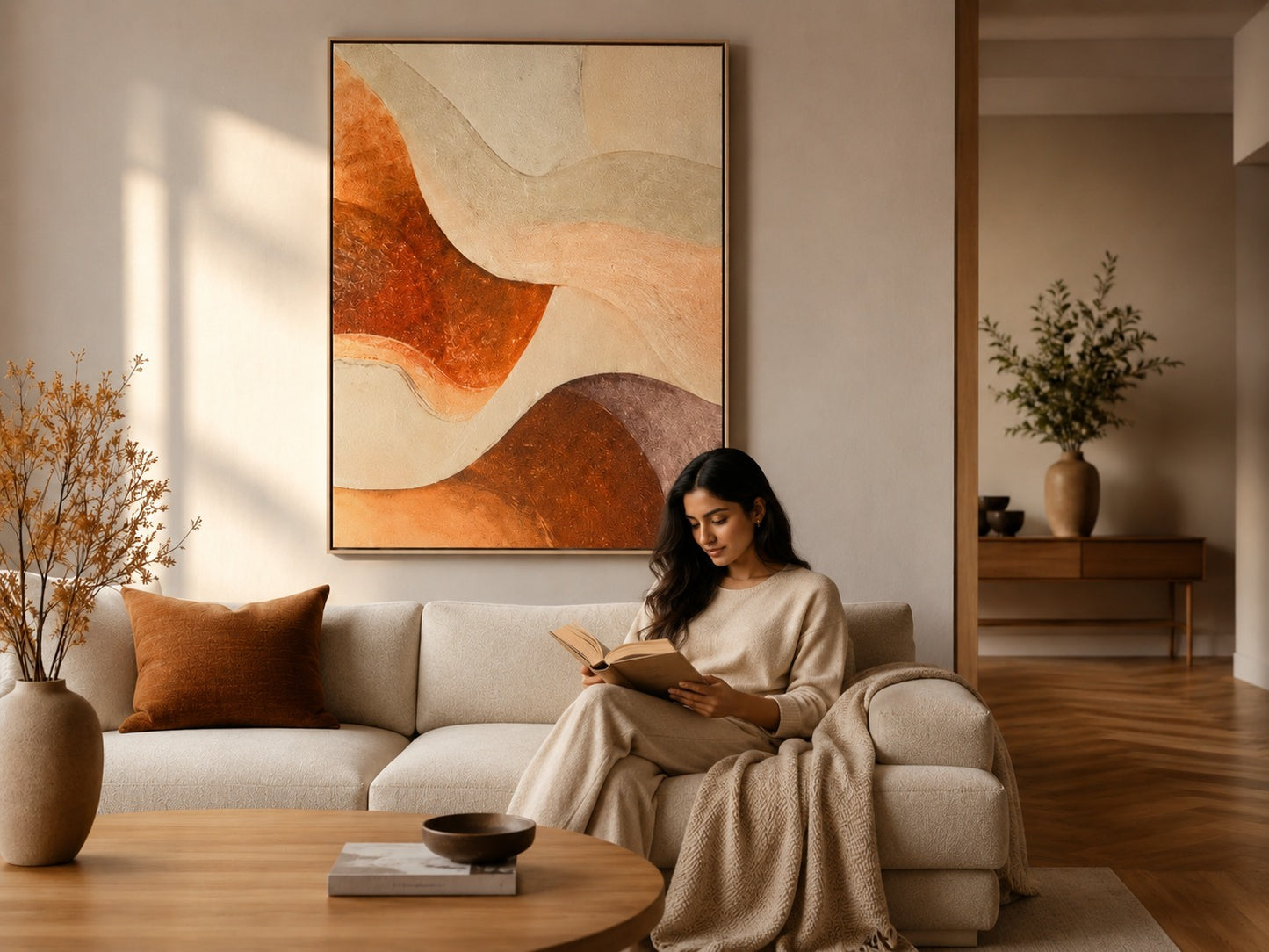 A woman sits on a beige sofa in a warm, modern living room, reading a book. Above her is a large framed abstract painting with flowing terracotta, rust, and cream waves.