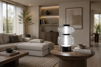A modern two-tiered glass table lamp with a black base and glowing white bulbs, displayed on a round wooden coffee table in a contemporary, neutral-toned living room.