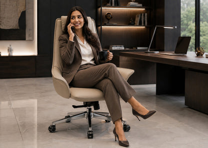 A woman in a brown tailored blazer and matching trousers sits in a beige office chair, talking on a phone and holding a black mug in a modern office setting.