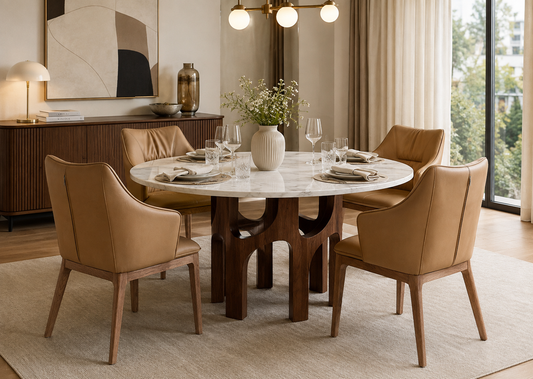 A round dining table with a white marble top and sculptural dark wood base, surrounded by four tan leather upholstered dining chairs in a modern, sunlit dining room.