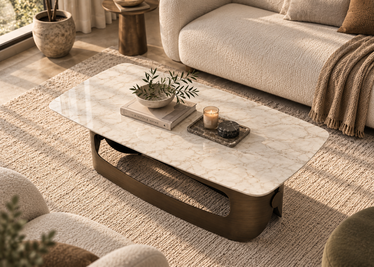 A modern rectangular coffee table with a white marble-patterned top and a sculptural bronze metal base, styled in a warm, contemporary living room next to a cream bouclé sofa.