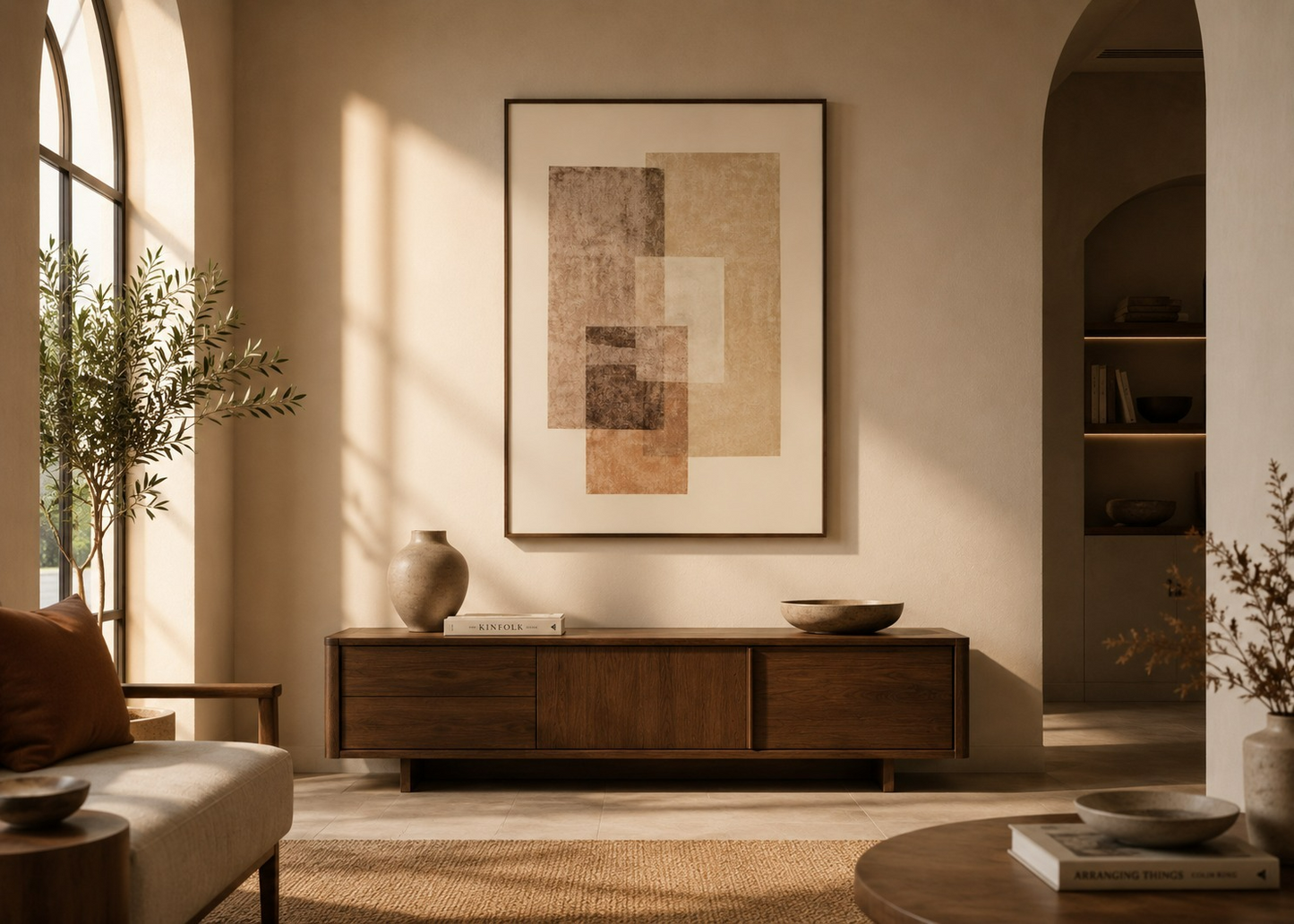 A framed abstract art print with beige, brown, and cream geometric blocks hangs on a warm beige wall above a dark wood console table in a sunlit living room.