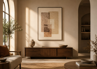 A framed abstract art print with beige, brown, and cream geometric blocks hangs on a warm beige wall above a dark wood console table in a sunlit living room.