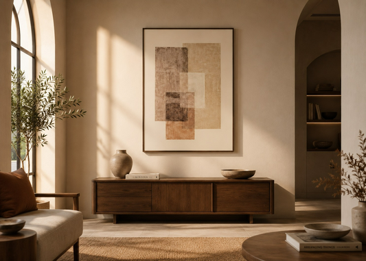 A framed abstract art print with beige, brown, and cream geometric blocks hangs on a warm beige wall above a dark wood console table in a sunlit living room.