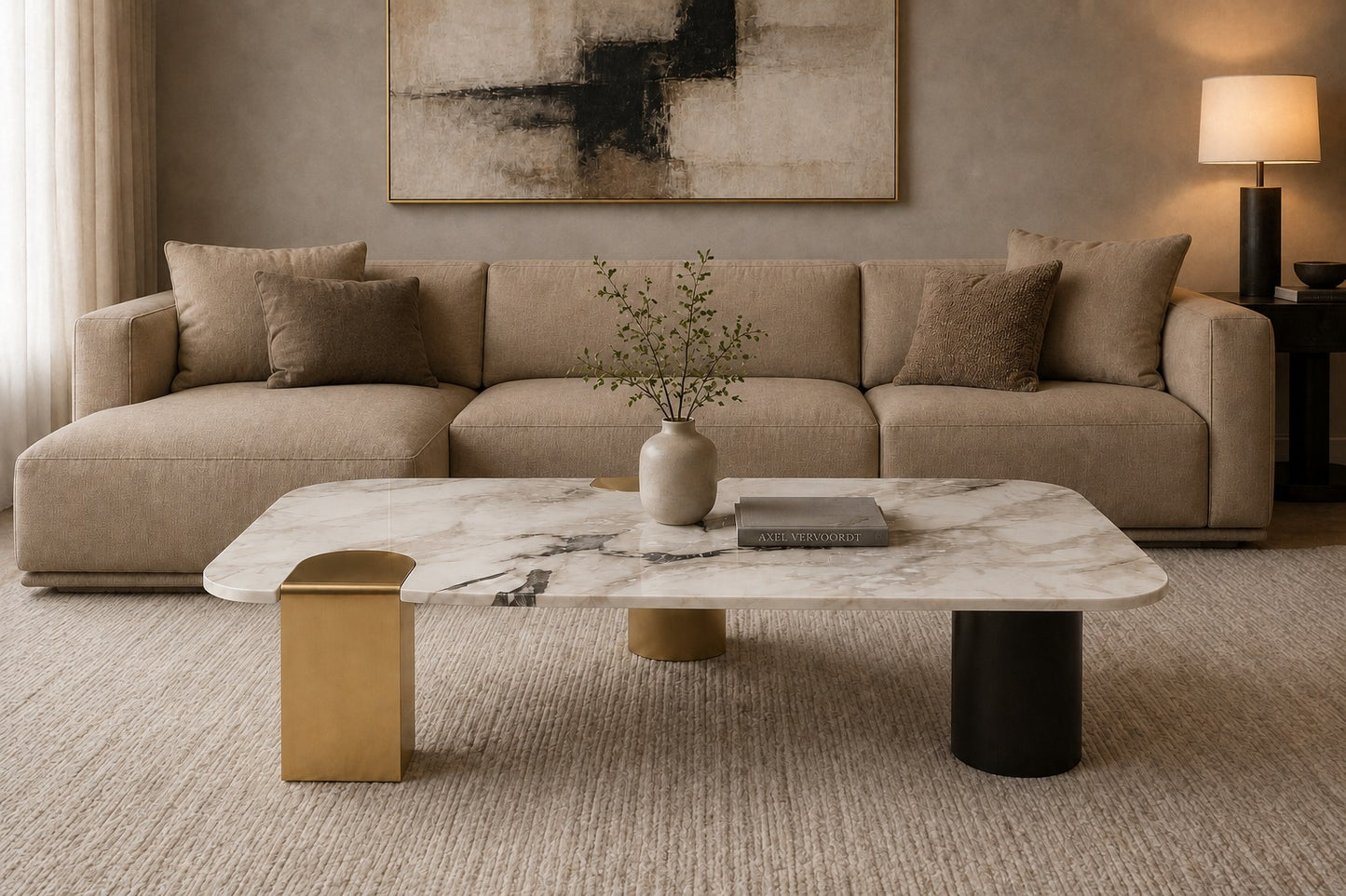 Modern living room with a beige sofa, marble coffee table, and abstract art on the wall.