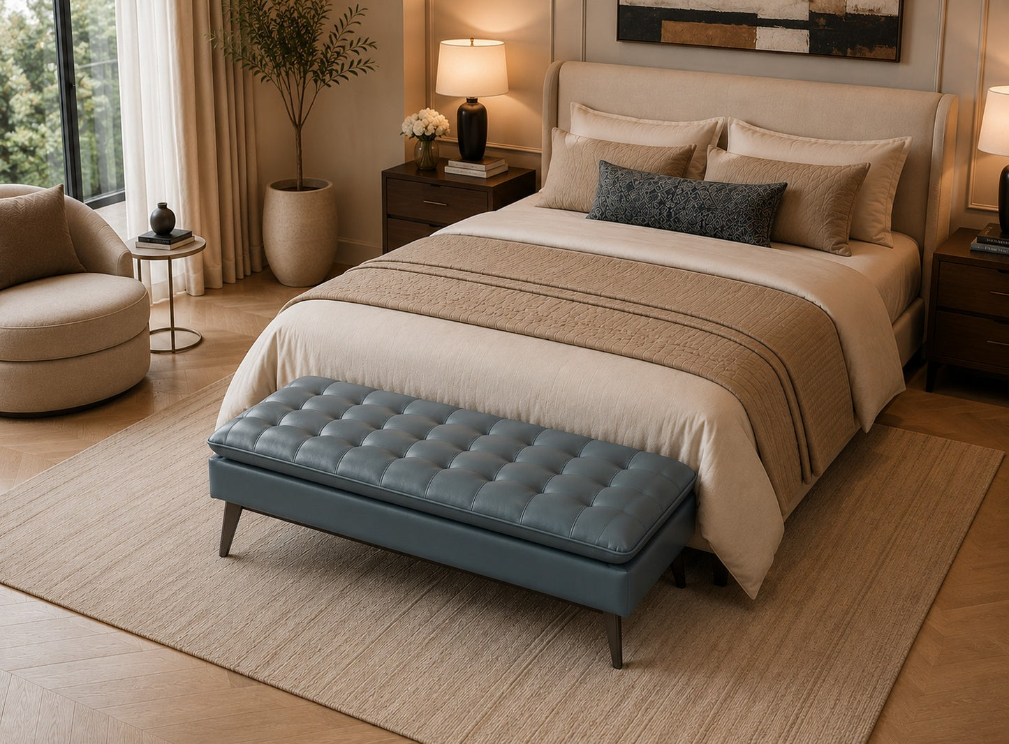 Neatly made bed in a bedroom with a blue bench at the foot of the bed.