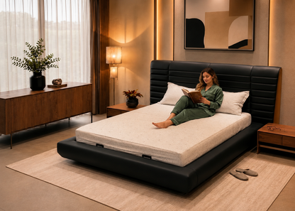 Woman reading a book on a bed in a modern bedroom.