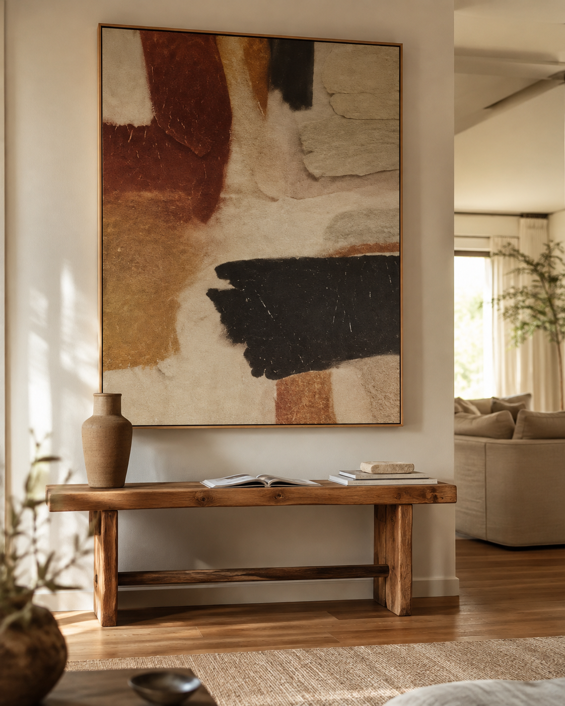 A large abstract wall art piece with sweeping brushstrokes in beige, brown, tan, black, and cream hangs above a rustic wooden bench in a softly lit living room. A terracotta vase and books sit on the bench, with a sofa and plants visible in the background.