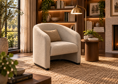 A modern curved armchair upholstered in light beige fabric with a matching accent pillow, styled in a warm, sunlit living room with a wooden floor rug, bookshelves, and a side table.