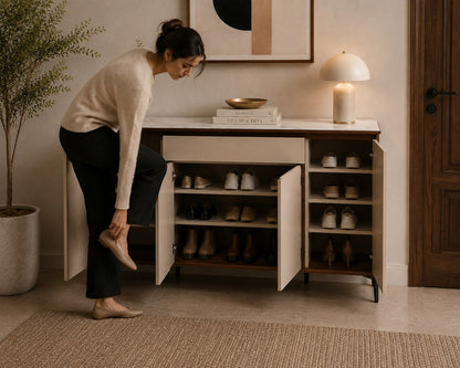 Woman selecting shoes from an open shoe cabinet in a home setting.