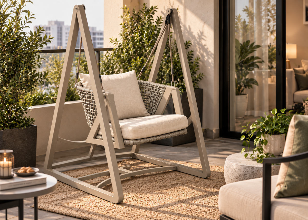 A wooden A-frame outdoor swing chair with woven rope seating and cream cushions, styled on a patio with plants, a coffee table, and a sofa.