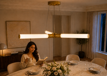 A woman reading a book at a dining table under a modern brass chandelier with two horizontal cylindrical light bars in a warm, elegant dining room.