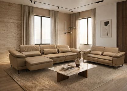 Modern living room with beige leather sofa set and wooden coffee table.