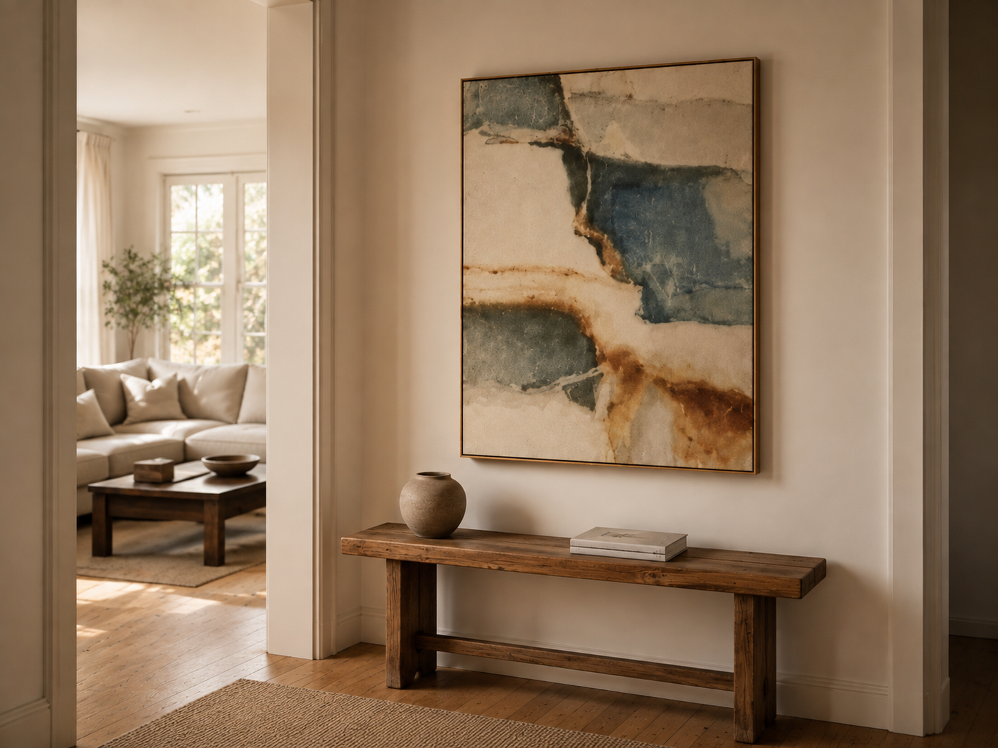 An abstract framed wall art print hangs above a rustic wooden bench in a warm, modern living room interior. The artwork features textured brushstrokes in blue, beige, and brown tones.