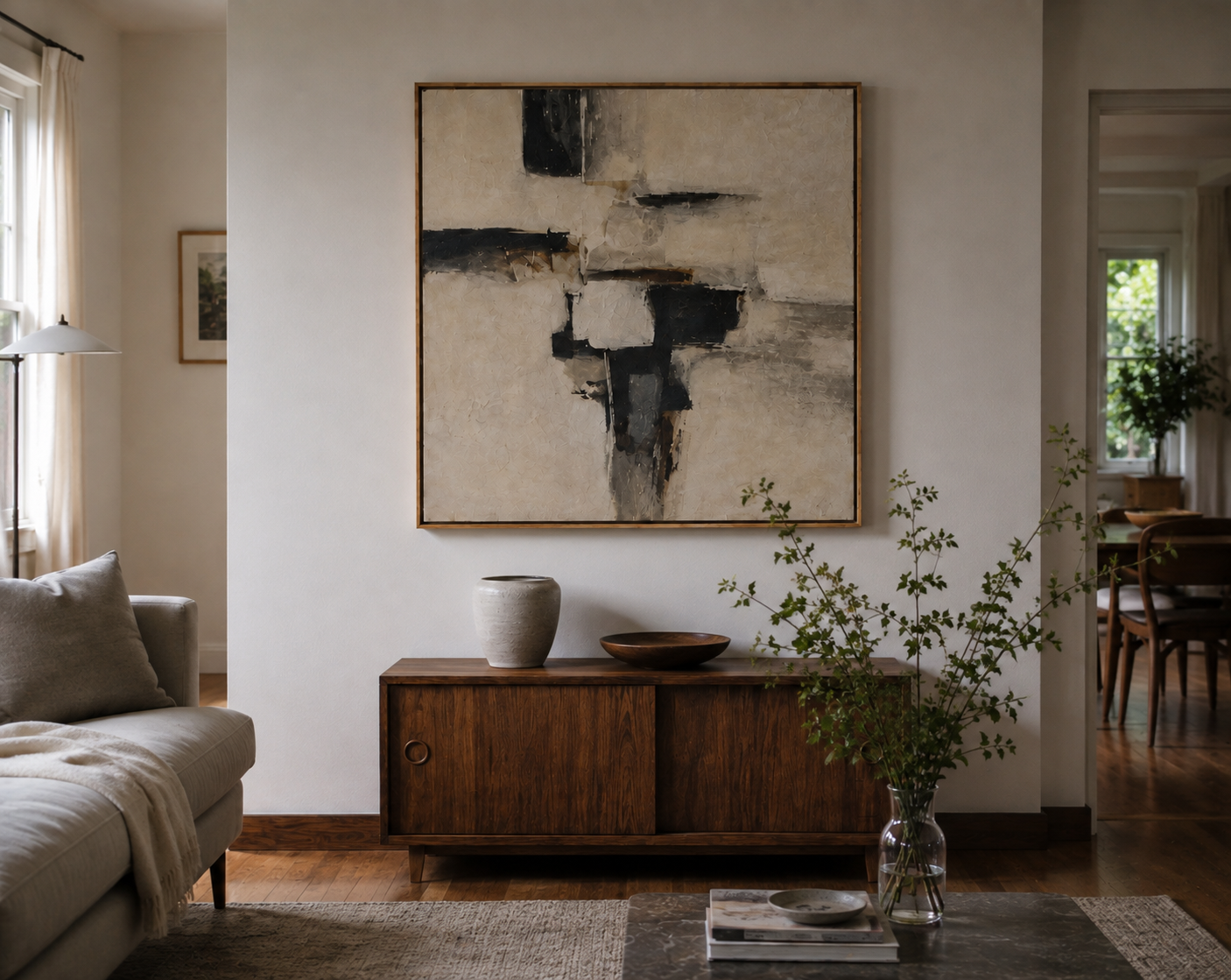 A large square abstract wall art print with black, gray, and beige brushstrokes hangs above a mid-century modern wooden sideboard in a styled living room.