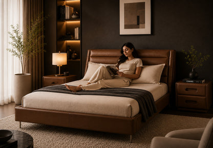 A woman relaxes on a brown leather bed in a modern, dimly lit bedroom. The bed features a low-profile frame, beige bedding, and a dark gray throw blanket.