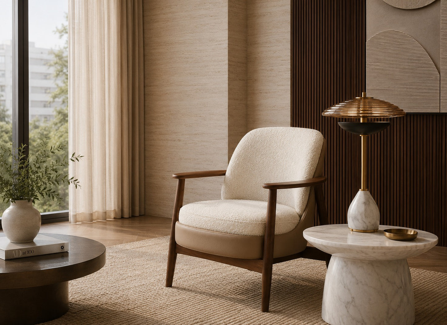 Modern living room with a beige armchair, marble side table, and decorative lamp.
