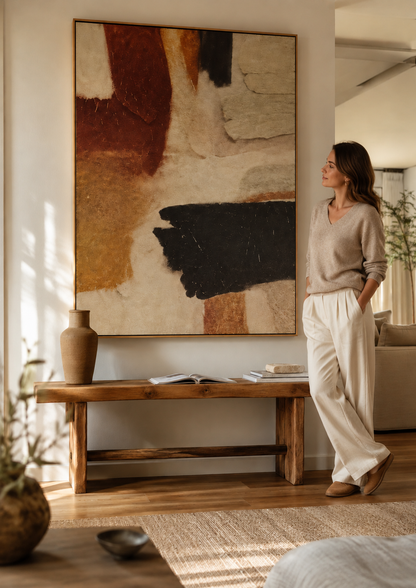 A woman in a beige sweater and cream pants stands in a sunlit living room beside a large abstract wall art piece with brown, black, and beige brushstrokes. A rustic wooden bench with a vase sits below the artwork.