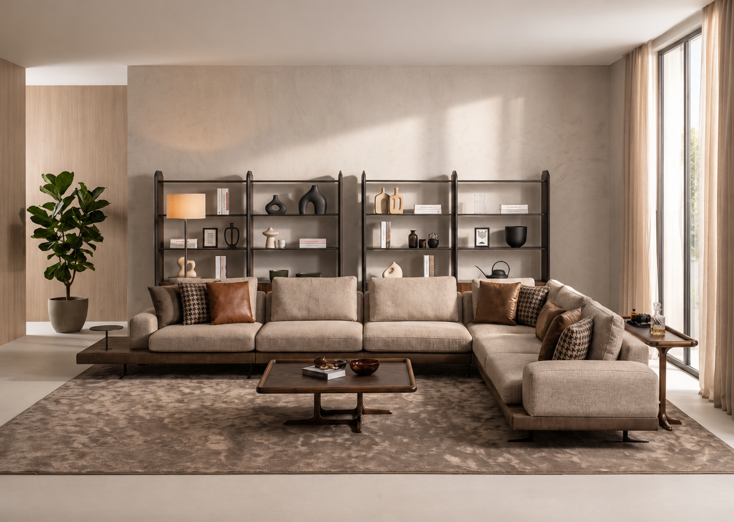 Modern living room with a sectional sofa, coffee table, and decorative items.