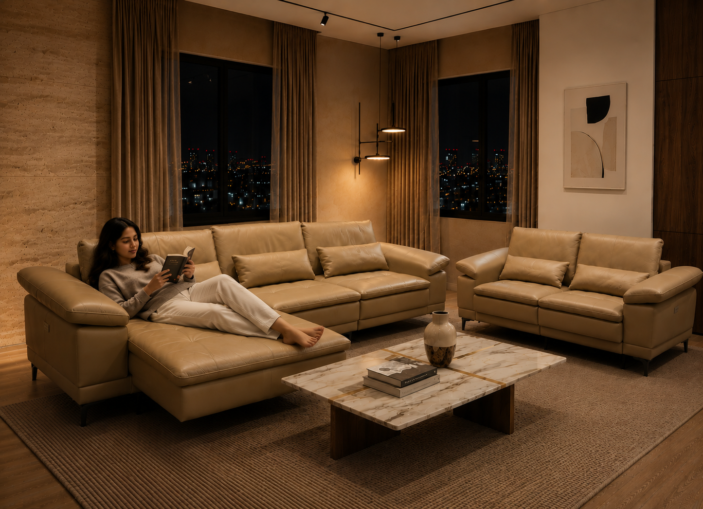 Woman reading a book on a beige sofa in a modern living room with large windows.