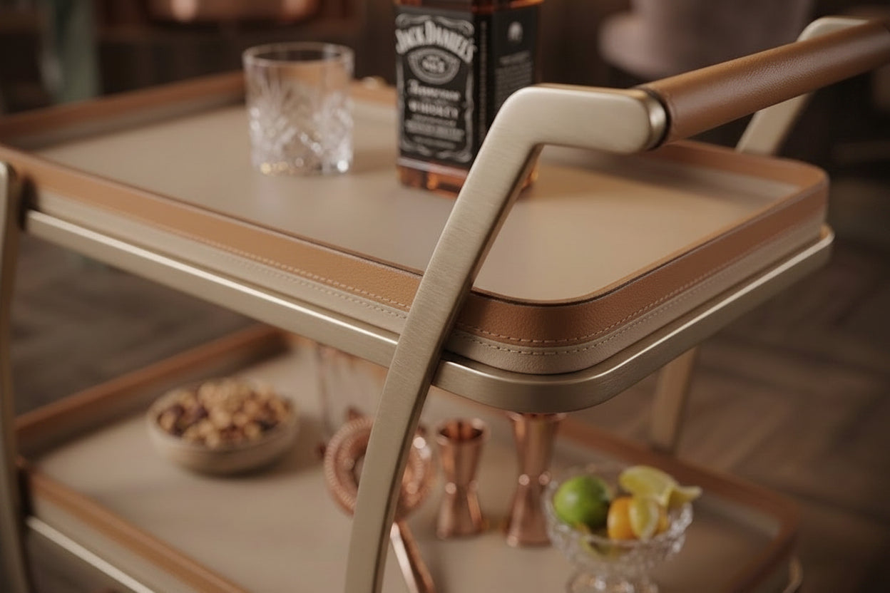Bar cart with Jack Daniel's whiskey bottle, glass, and snacks on a wooden surface.