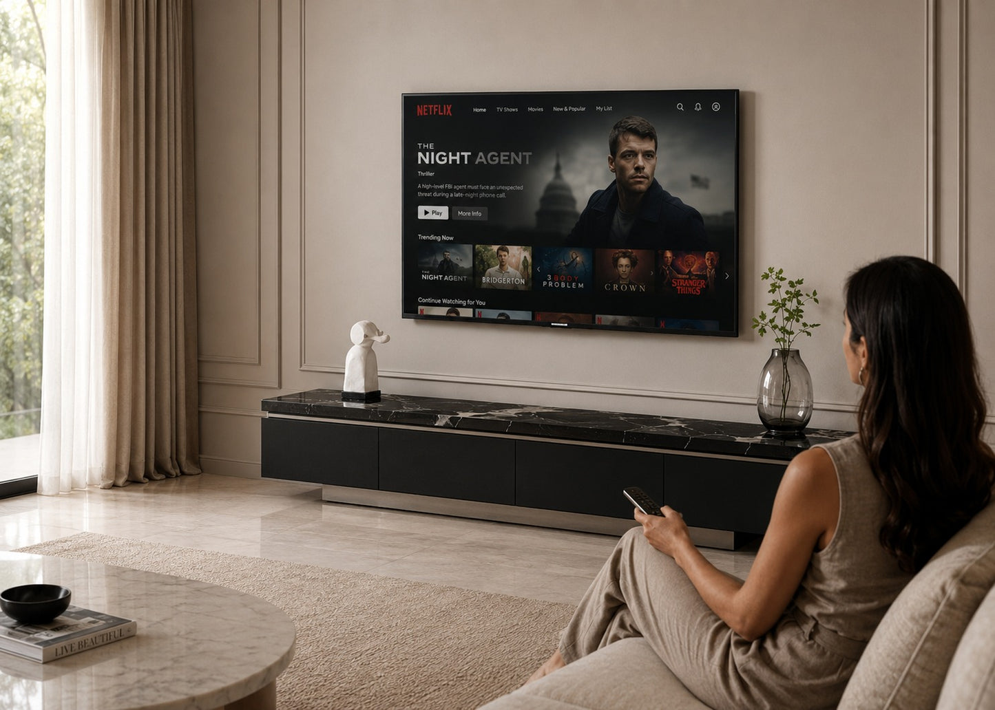 A woman sits on a beige sofa in a modern living room, watching a large wall-mounted TV displaying the Netflix streaming interface. The room has cream walls, a black marble media console, and a round marble coffee table.