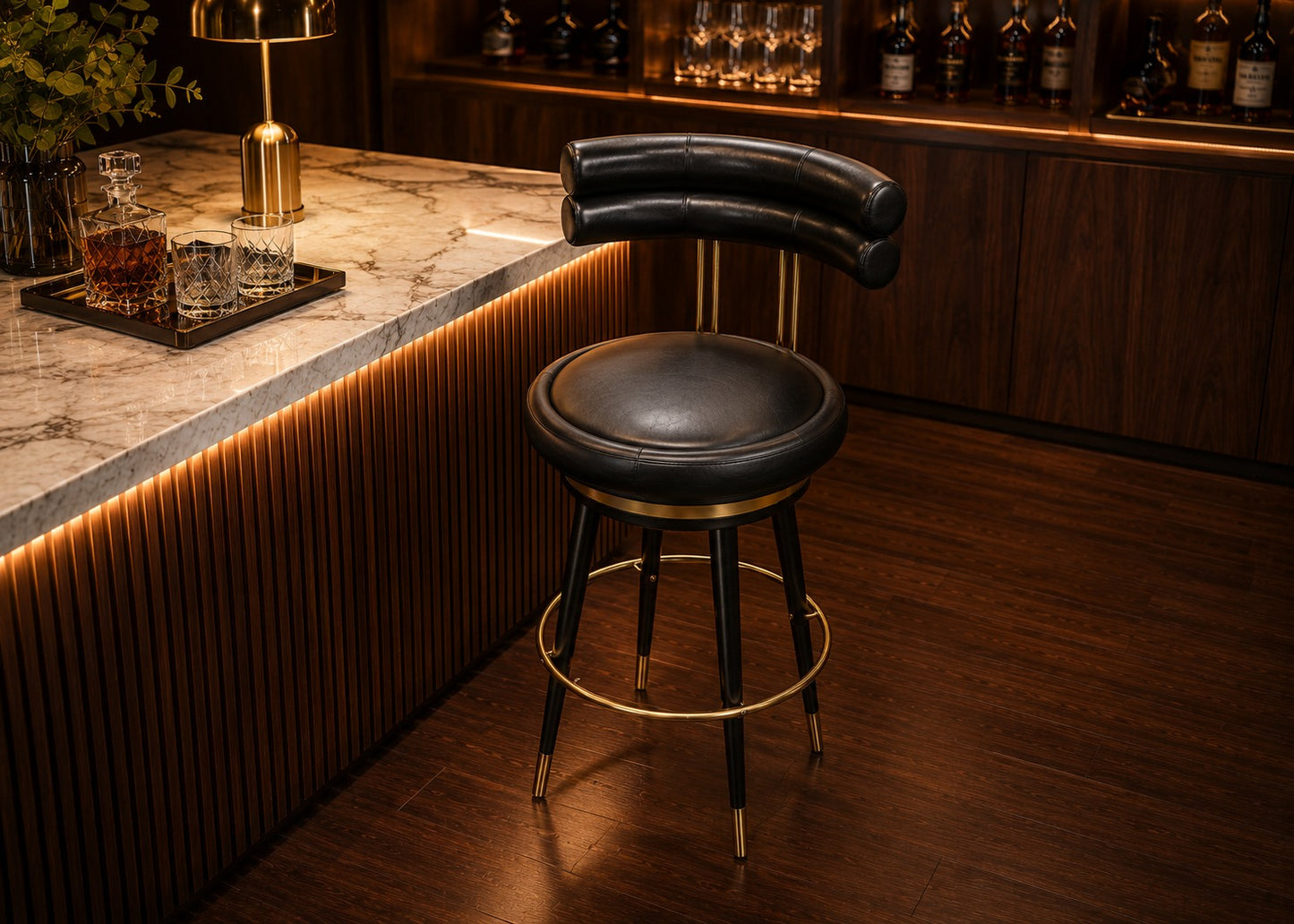 Bar stool in a dimly lit bar setting with wooden counter and bottles.