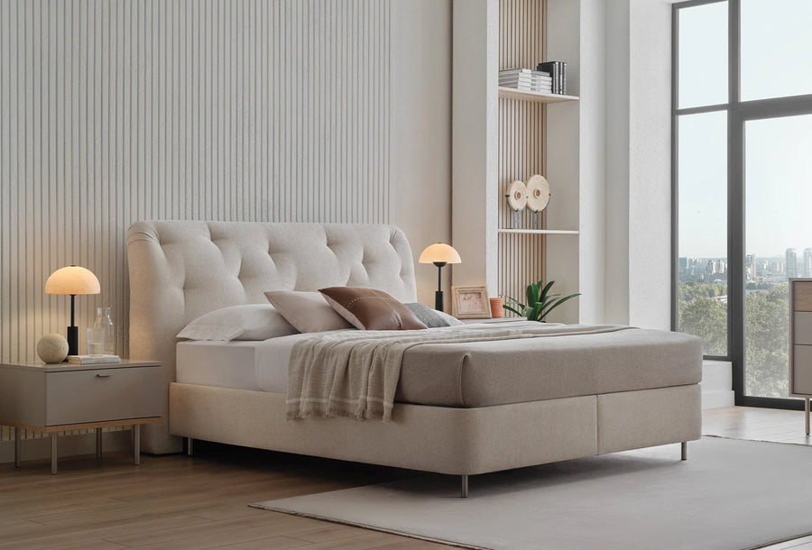 Cante Bed beige upholstered bed in modern bedroom with side tables