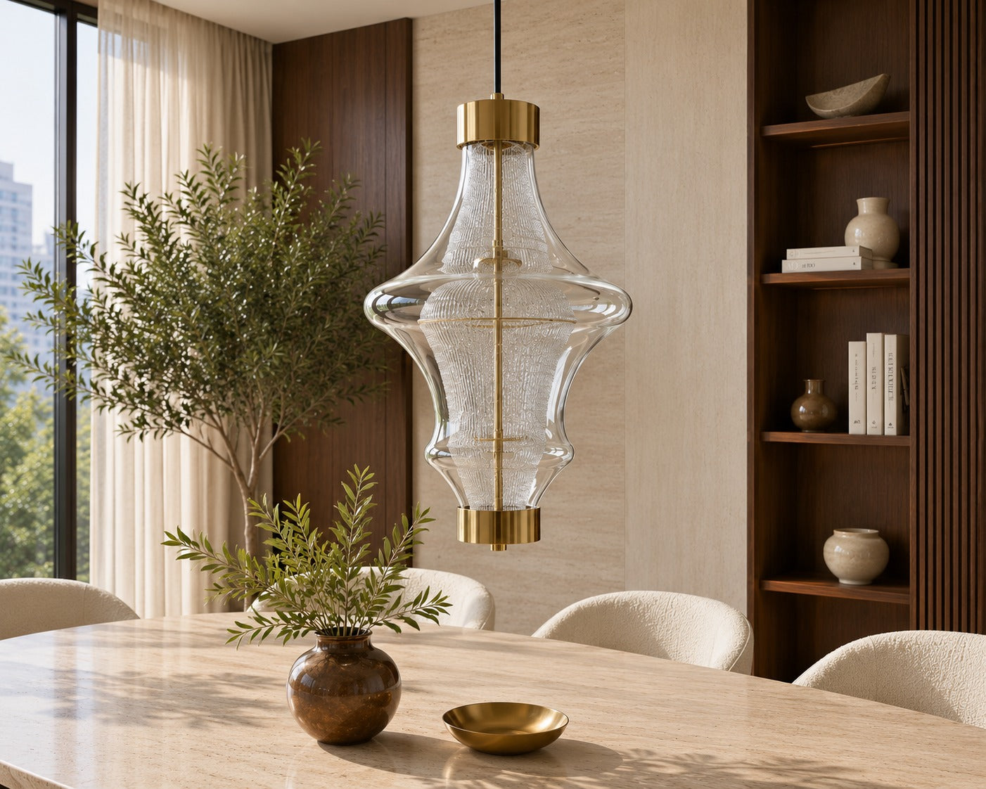 Modern dining room with a stylish pendant light, table, chairs, and decorative elements.