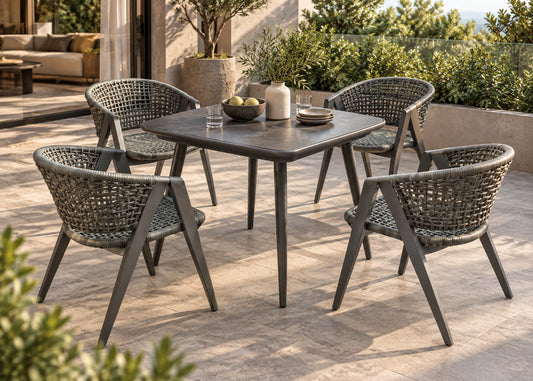 A 5-piece outdoor dining set featuring a square dark gray table and four woven wicker chairs, styled on a modern patio with greenery and a glass railing.