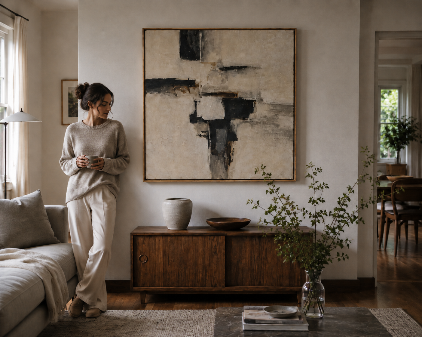 A woman in a beige sweater and matching pants stands in a living room next to a sofa, holding a mug. A large abstract painting in beige, black, and gray hangs on the wall above a wooden sideboard with decorative vases and a plant.