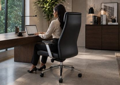 A woman sits in a black leather office chair with a chrome five-star base, positioned in a modern home office next to a wooden desk.