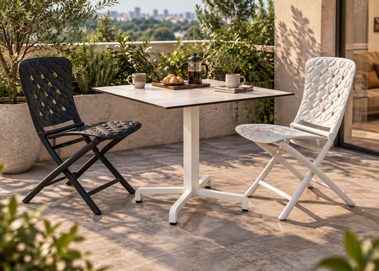 Two modern outdoor folding chairs and a matching square table on a patio, with one chair in black and one in white, set against a backdrop of greenery and a distant city skyline.