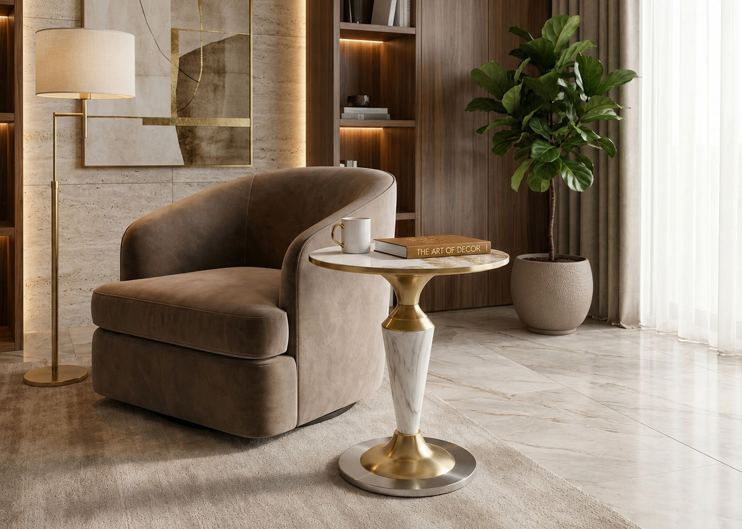 Modern living room with a brown armchair and gold side table.