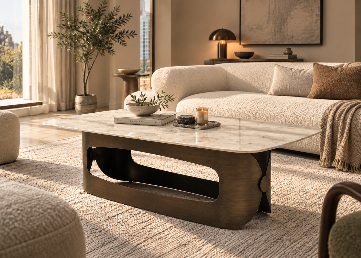 A modern coffee table with a white marble top and a sculptural bronze metal base, styled in a bright, contemporary living room next to a cream bouclé sofa.