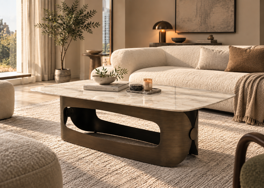 A modern coffee table with a white marble top and a sculptural bronze metal base, styled in a bright, contemporary living room next to a cream bouclé sofa.