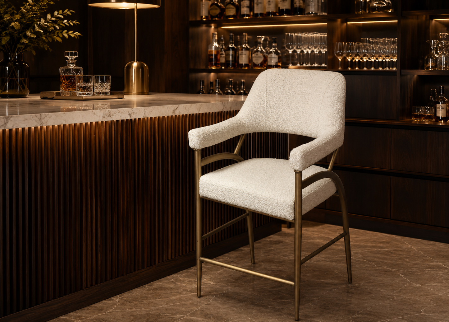 White bar stool with gold legs in a bar setting