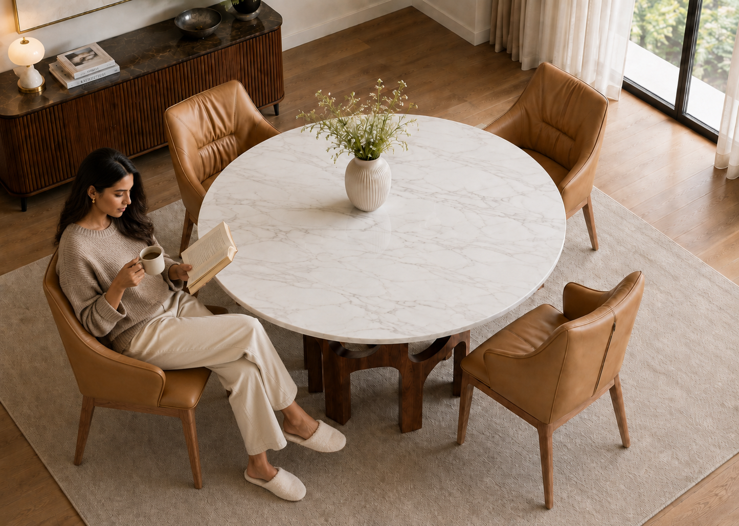 A woman sits at a round white marble dining table with four tan leather chairs in a bright, modern living space. She holds a mug and a book, with a small vase of flowers centered on the table.