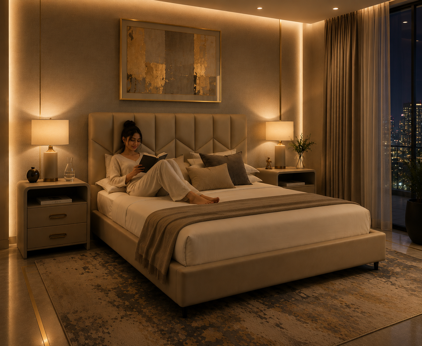 A woman relaxes on a modern upholstered bed in a luxury bedroom, reading a book. The bed features a tufted headboard, neutral beige bedding, and matching nightstands with lit lamps.