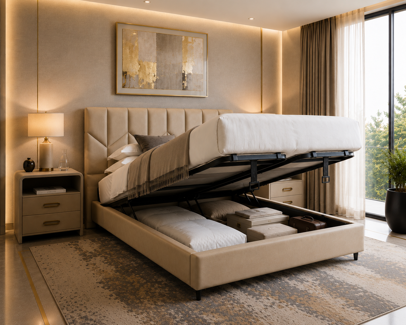 A beige upholstered lift-up platform bed in a modern, warm-toned bedroom. The bed is shown in a raised position to display the open storage compartment underneath, which contains folded linens and accessories.