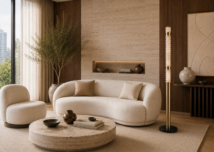 Modern living room with a beige sofa, armchair, and coffee table.