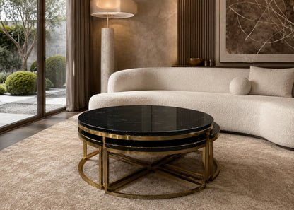 Modern living room with a round coffee table and beige sofa.