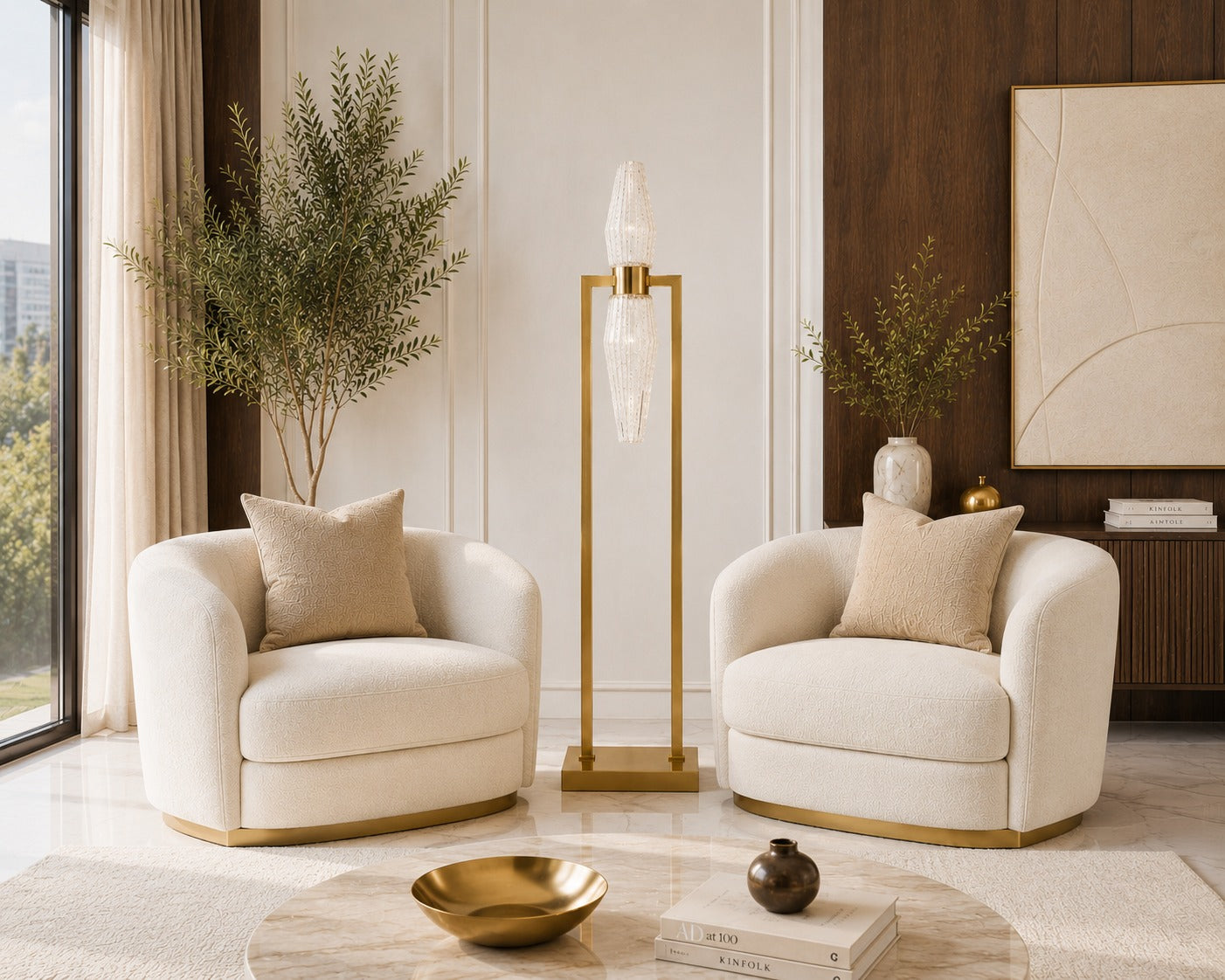 Modern living room with two cream armchairs, a floor lamp, and decorative items.