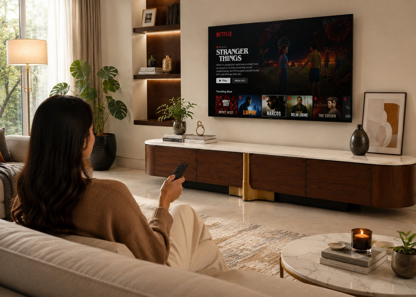 A woman sits on a cream sofa in a modern living room, holding a remote and facing a large wall-mounted TV displaying the Netflix streaming interface. The room includes a white and wood media console, built-in shelves, plants, and a round coffee table with a candle.
