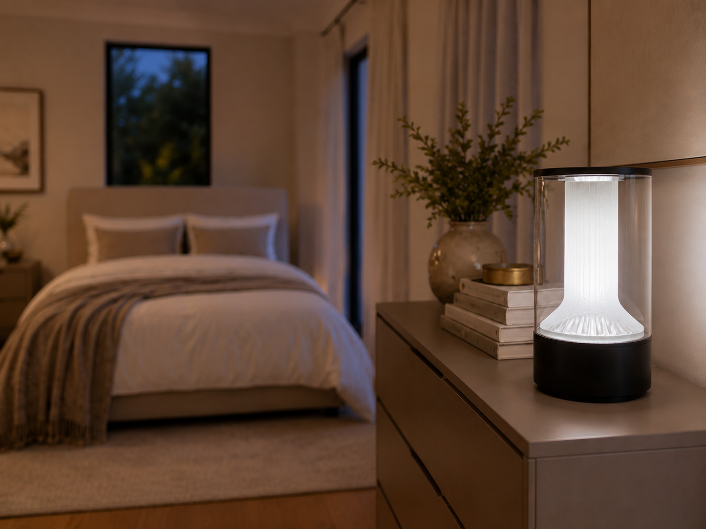 A modern LED table lamp with a clear glass cylinder and black base, glowing with a warm white light, styled on a dark wood nightstand in a cozy, softly-lit bedroom.